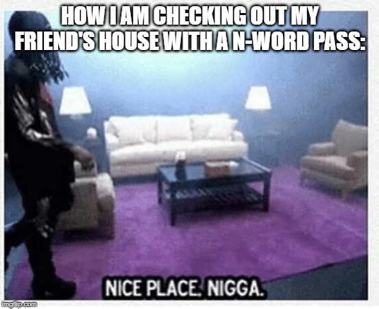 Nice place nigga | HOW I AM CHECKING OUT MY FRIEND'S HOUSE WITH A N-WORD PASS: | image tagged in nice place nigga | made w/ Imgflip meme maker