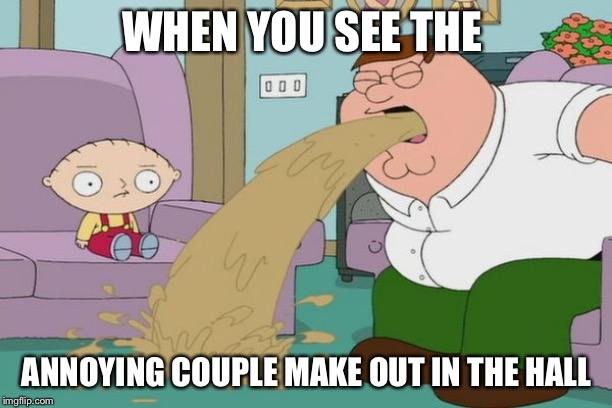 Peter Griffin vomit |  WHEN YOU SEE THE; ANNOYING COUPLE MAKE OUT IN THE HALL | image tagged in peter griffin vomit | made w/ Imgflip meme maker