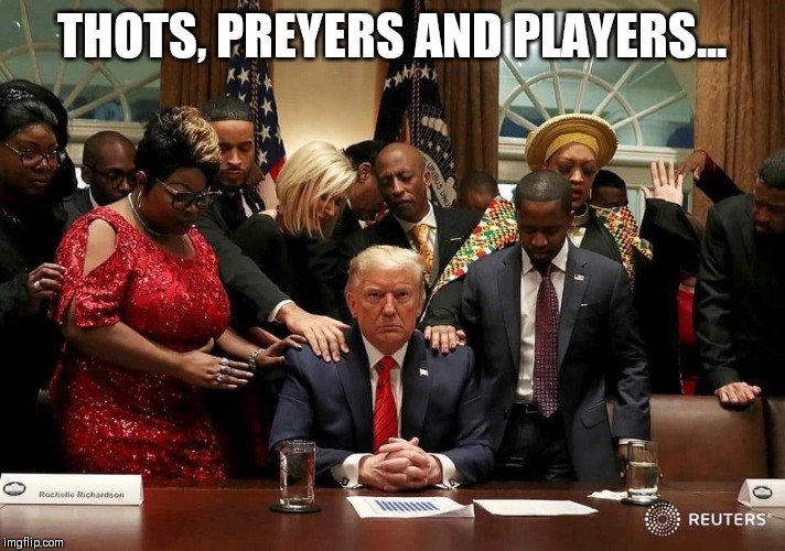 Magageddon | THOTS, PREYERS AND PLAYERS... | image tagged in black,evil,church | made w/ Imgflip meme maker