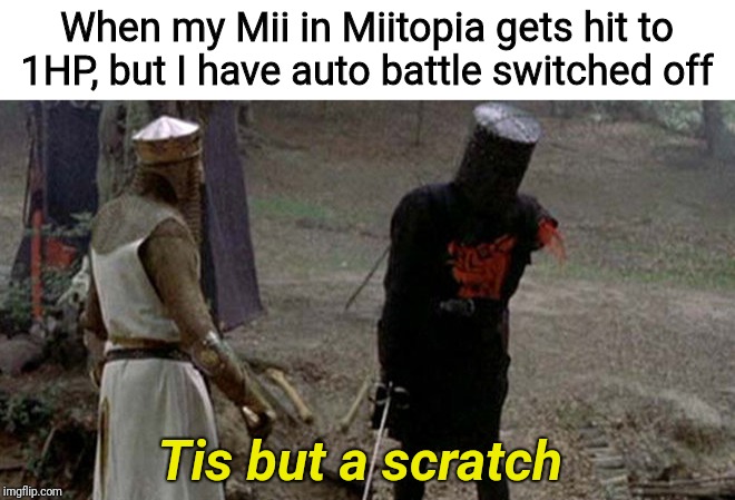 Continue fighting, I'll sprinkle you some HP sprinkles | When my Mii in Miitopia gets hit to 1HP, but I have auto battle switched off; Tis but a scratch | image tagged in tis but a scratch,miitopia,memes,video games,battle | made w/ Imgflip meme maker