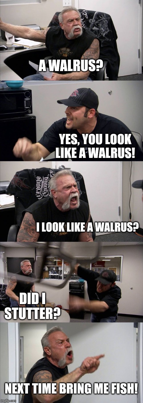 American Chopper Argument | A WALRUS? YES, YOU LOOK LIKE A WALRUS! I LOOK LIKE A WALRUS? DID I STUTTER? NEXT TIME BRING ME FISH! | image tagged in memes,american chopper argument | made w/ Imgflip meme maker