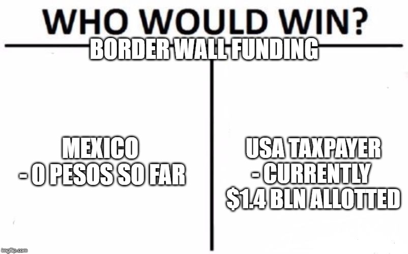 Wall Funding as of 2/2020 | BORDER WALL FUNDING; MEXICO
 - 0 PESOS SO FAR; USA TAXPAYER
- CURRENTLY 
$1.4 BLN ALLOTTED | image tagged in memes,who would win,trump lies,border wall,budget | made w/ Imgflip meme maker