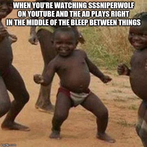 Third World Success Kid | WHEN YOU'RE WATCHING SSSNIPERWOLF ON YOUTUBE AND THE AD PLAYS RIGHT IN THE MIDDLE OF THE BLEEP BETWEEN THINGS | image tagged in memes,third world success kid | made w/ Imgflip meme maker