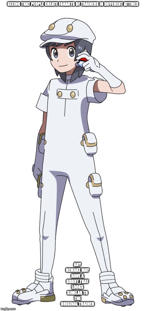 Sun as Aether Researcher | SEEING THAT PEOPLE CREATE FANARTS OF TRAINERS IN DIFFERENT ATTIRES; ANY REMAKE MAY HAVE A GRUNT THAT LOOKS SIMILAR TO THE ORIGINAL TRAINER | image tagged in pokemon,pokemon sun and moon,memes | made w/ Imgflip meme maker