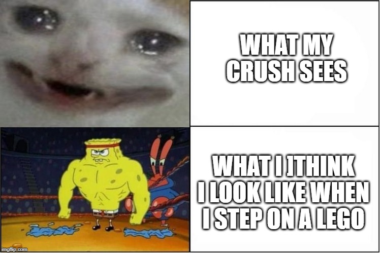 Weak vs Strong Spongebob | WHAT MY CRUSH SEES; WHAT I ]THINK I LOOK LIKE WHEN I STEP ON A LEGO | image tagged in weak vs strong spongebob | made w/ Imgflip meme maker