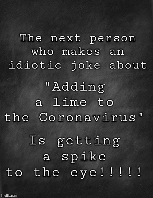 black blank | The next person who makes an idiotic joke about; "Adding a lime to the Coronavirus"; Is getting a spike to the eye!!!!! | image tagged in black blank | made w/ Imgflip meme maker
