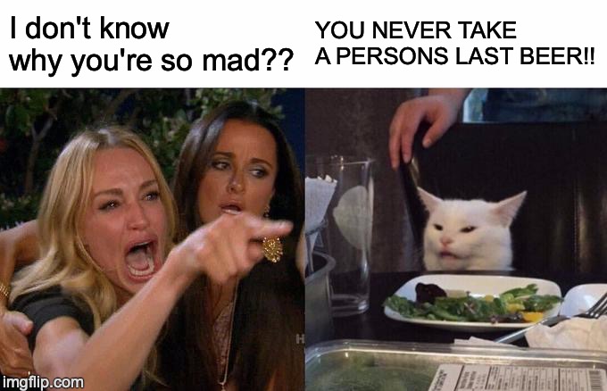 Woman Yelling At Cat | I don't know why you're so mad?? YOU NEVER TAKE A PERSONS LAST BEER!! | image tagged in memes,woman yelling at cat | made w/ Imgflip meme maker