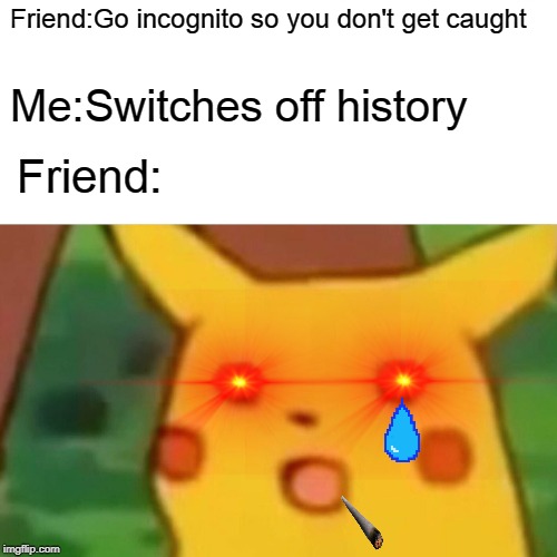There's another way | Friend:Go incognito so you don't get caught; Me:Switches off history; Friend: | image tagged in memes,surprised pikachu | made w/ Imgflip meme maker