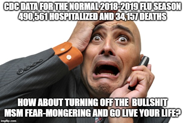 Scared face | CDC DATA FOR THE NORMAL 2018-2019 FLU SEASON
490,561 HOSPITALIZED AND 34,157 DEATHS; HOW ABOUT TURNING OFF THE  BULLSHIT MSM FEAR-MONGERING AND GO LIVE YOUR LIFE? | image tagged in scared face | made w/ Imgflip meme maker
