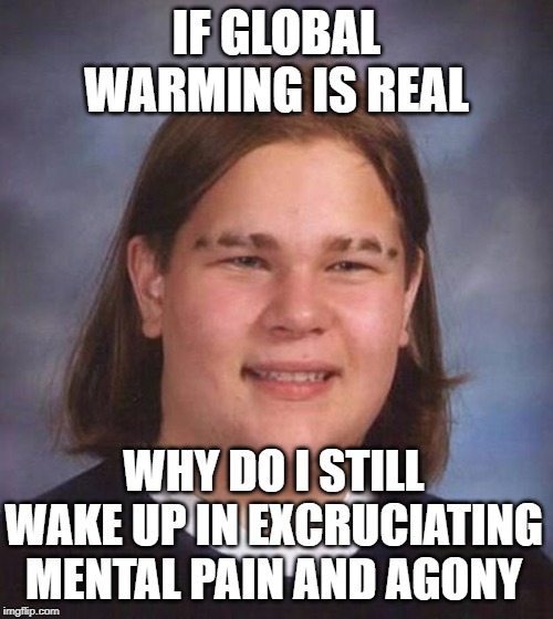global warming | IF GLOBAL WARMING IS REAL; WHY DO I STILL WAKE UP IN EXCRUCIATING MENTAL PAIN AND AGONY | image tagged in global warming,donald trump | made w/ Imgflip meme maker
