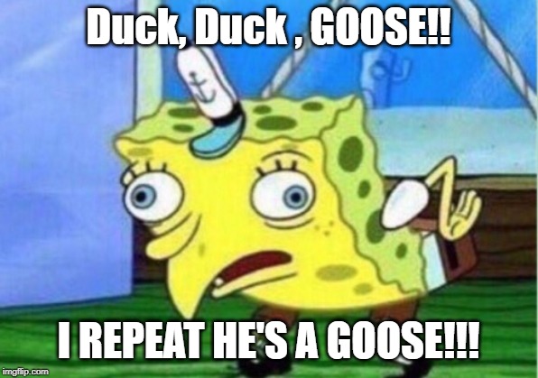 Mocking Spongebob Meme | Duck, Duck , GOOSE!! I REPEAT HE'S A GOOSE!!! | image tagged in memes,mocking spongebob | made w/ Imgflip meme maker