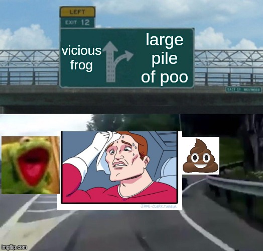 Left Exit 12 Off Ramp | vicious frog; large pile of poo | image tagged in memes,left exit 12 off ramp | made w/ Imgflip meme maker