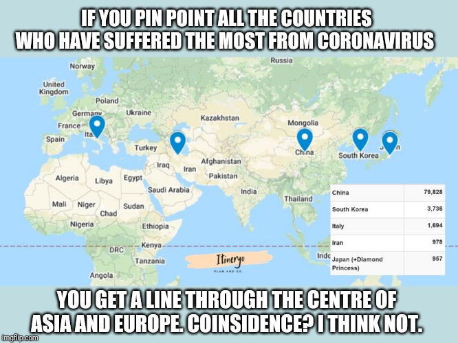 Corona Conspiracies | IF YOU PIN POINT ALL THE COUNTRIES WHO HAVE SUFFERED THE MOST FROM CORONAVIRUS; YOU GET A LINE THROUGH THE CENTRE OF ASIA AND EUROPE. COINSIDENCE? I THINK NOT. | image tagged in coronavirus,covid19 | made w/ Imgflip meme maker