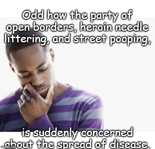 sudden concern?? | Odd how the party of open borders, heroin needle littering, and street pooping, is suddenly concerned about the spread of disease. | image tagged in thinking man,political jockeying,phoney concern | made w/ Imgflip meme maker