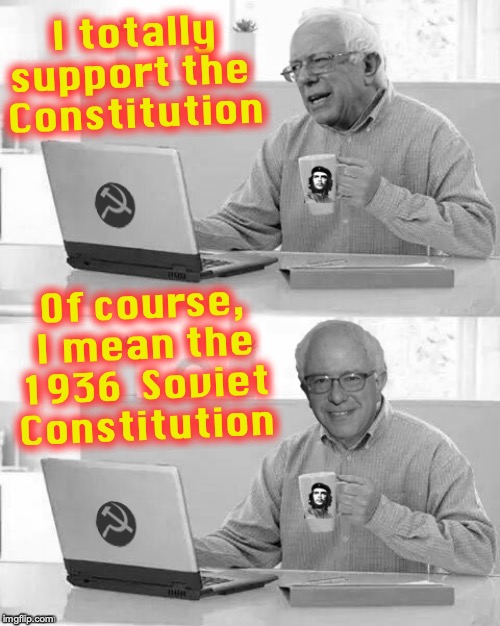 Well, so vi et | I totally support the 
Constitution; Of course, I mean the 1936  Soviet Constitution | image tagged in cloak the communism bernie | made w/ Imgflip meme maker