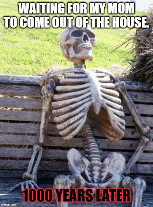 Waiting Skeleton Meme | WAITING FOR MY MOM TO COME OUT OF THE HOUSE. 1000 YEARS LATER | image tagged in memes,waiting skeleton | made w/ Imgflip meme maker