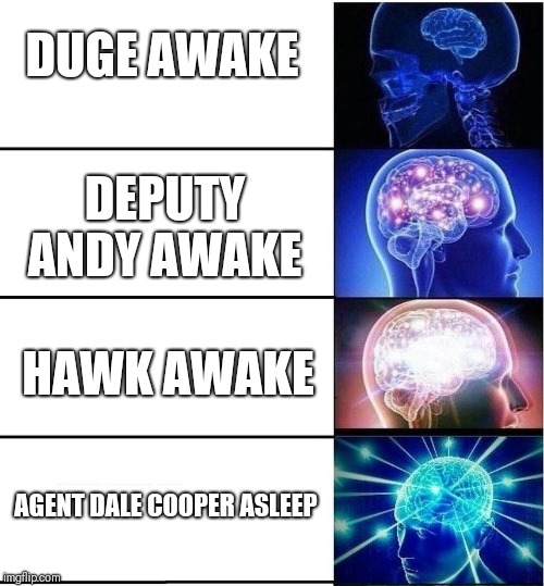 Mind expanding | DUGE AWAKE; DEPUTY ANDY AWAKE; HAWK AWAKE; AGENT DALE COOPER ASLEEP | image tagged in mind expanding | made w/ Imgflip meme maker