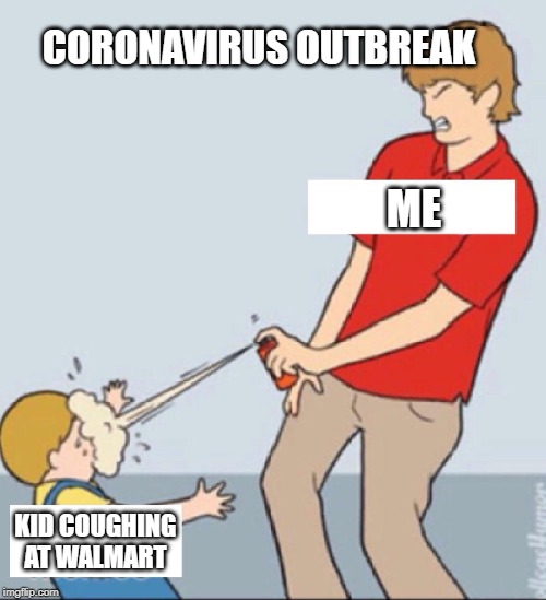 Not today, pal. | CORONAVIRUS OUTBREAK; ME; KID COUGHING AT WALMART | image tagged in baby repellent,coronavirus,sick,disease,virus | made w/ Imgflip meme maker