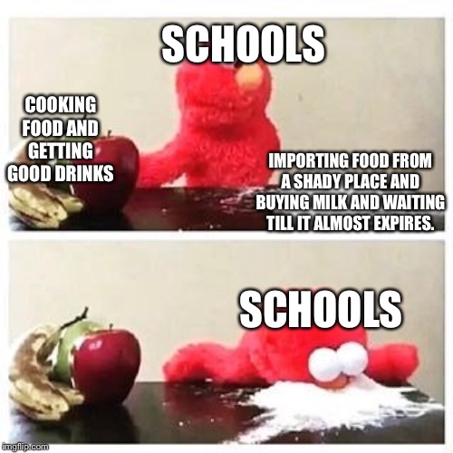 elmo cocaine | SCHOOLS; COOKING FOOD AND GETTING GOOD DRINKS; IMPORTING FOOD FROM A SHADY PLACE AND BUYING MILK AND WAITING TILL IT ALMOST EXPIRES. SCHOOLS | image tagged in elmo cocaine | made w/ Imgflip meme maker