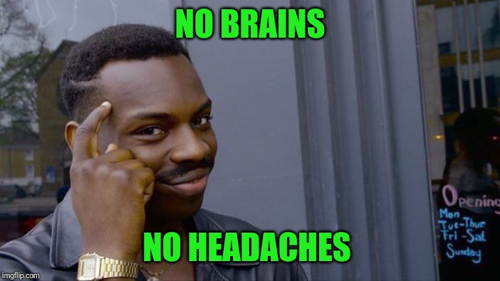 Dang! But my sinuses are killing me! | NO BRAINS; NO HEADACHES | image tagged in memes,roll safe think about it | made w/ Imgflip meme maker