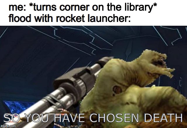 me: *turns corner on the library*       
flood with rocket launcher:; SO YOU HAVE CHOSEN DEATH | made w/ Imgflip meme maker