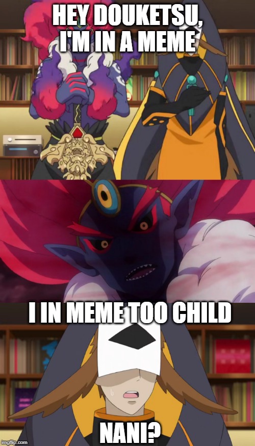 HEY DOUKETSU, I'M IN A MEME; I IN MEME TOO CHILD; NANI? | image tagged in confused fukurou,someone's going to die tonight | made w/ Imgflip meme maker