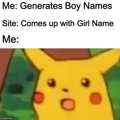 Surprised Pikachu | Me: Generates Boy Names; Site: Comes up with Girl Name; Me: | image tagged in memes,surprised pikachu | made w/ Imgflip meme maker