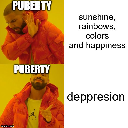 Drake Hotline Bling Meme | sunshine, rainbows, colors and happiness; PUBERTY; PUBERTY; deppresion | image tagged in memes,drake hotline bling | made w/ Imgflip meme maker