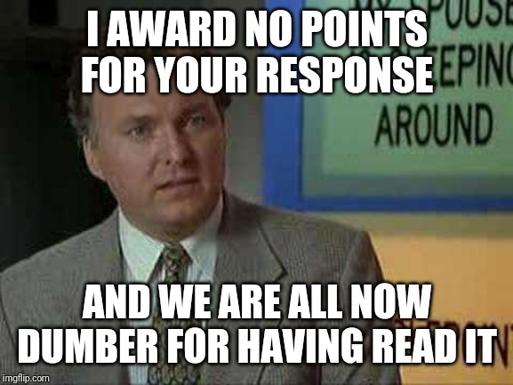 Billy Madison Insult | I AWARD NO POINTS FOR YOUR RESPONSE AND WE ARE ALL NOW DUMBER FOR HAVING READ IT | image tagged in billy madison insult | made w/ Imgflip meme maker