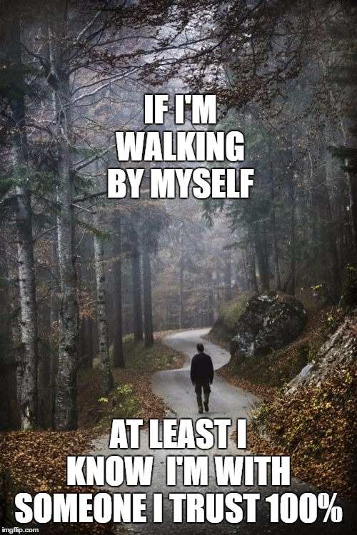 Man Walking Alone In woods | IF I'M WALKING BY MYSELF; AT LEAST I KNOW  I'M WITH SOMEONE I TRUST 100% | image tagged in man walking alone in woods,trust,random,alone | made w/ Imgflip meme maker