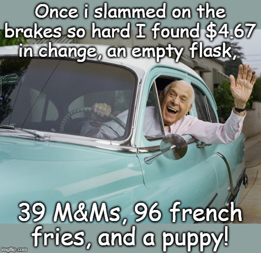 slam on the brakes | Once i slammed on the brakes so hard I found $4.67 in change, an empty flask, 39 M&Ms, 96 french fries, and a puppy! | image tagged in junk under the seat,slam on the brakes,car humor | made w/ Imgflip meme maker
