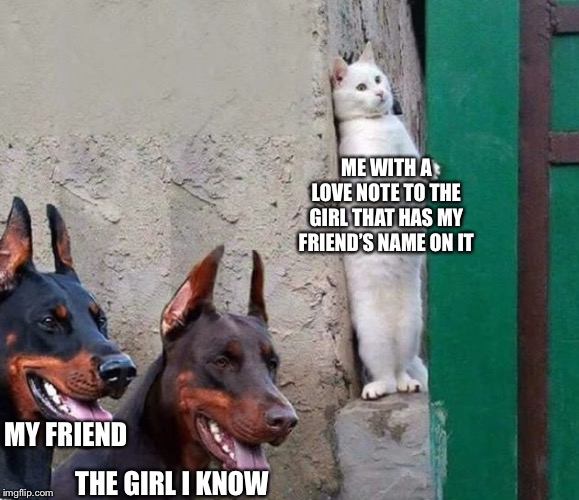 True story. I snuck a fake love note to the girl I know with my friend’s name on it | ME WITH A LOVE NOTE TO THE GIRL THAT HAS MY FRIEND’S NAME ON IT; MY FRIEND; THE GIRL I KNOW | image tagged in sneaky cat,memes,love notes,troll,smug,true story | made w/ Imgflip meme maker