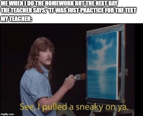 I pulled a sneaky | ME WHEN I DO THE HOMEWORK BUT THE NEXT DAY THE TEACHER SAYS, "IT WAS JUST PRACTICE FOR THE TEXT; MY TEACHER: | image tagged in i pulled a sneaky | made w/ Imgflip meme maker