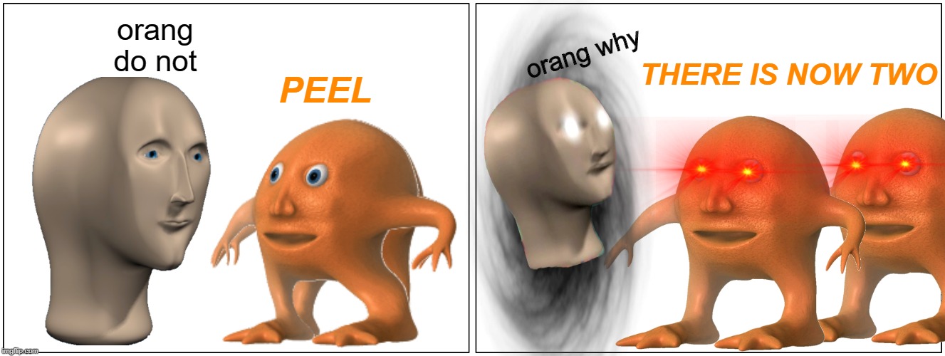 Blank Comic Panel 2x1 Meme | orang
do not; THERE IS NOW TWO; orang why; PEEL | image tagged in memes,blank comic panel 2x1 | made w/ Imgflip meme maker