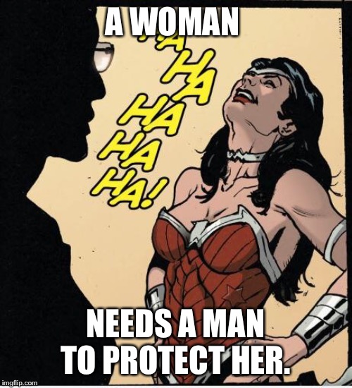 wonder woman | A WOMAN; NEEDS A MAN TO PROTECT HER. | image tagged in wonder woman | made w/ Imgflip meme maker