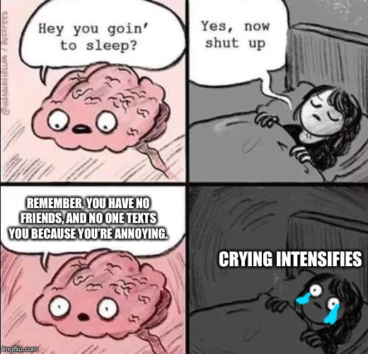 waking up brain | REMEMBER, YOU HAVE NO FRIENDS, AND NO ONE TEXTS YOU BECAUSE YOU’RE ANNOYING. CRYING INTENSIFIES | image tagged in waking up brain | made w/ Imgflip meme maker