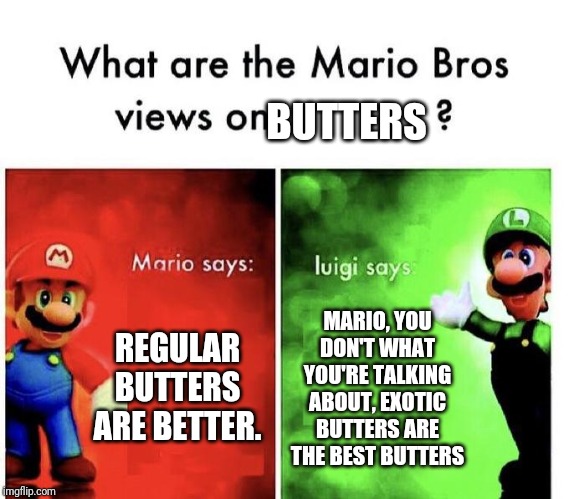 Mario Bros. Views On Butters | BUTTERS; REGULAR BUTTERS ARE BETTER. MARIO, YOU DON'T WHAT YOU'RE TALKING ABOUT, EXOTIC BUTTERS ARE THE BEST BUTTERS | image tagged in mario bros views | made w/ Imgflip meme maker