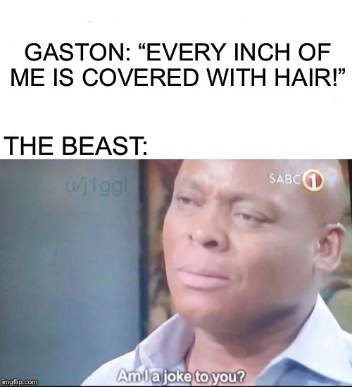 am I a joke to you | GASTON: “EVERY INCH OF ME IS COVERED WITH HAIR!”; THE BEAST: | image tagged in am i a joke to you | made w/ Imgflip meme maker