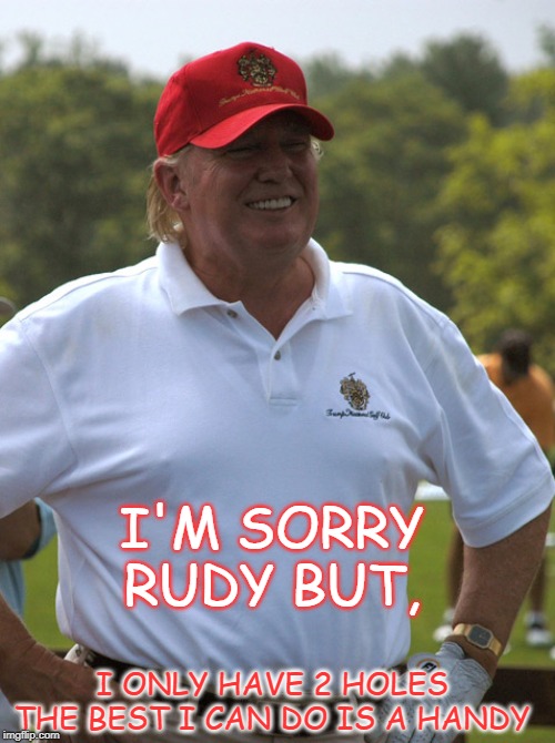 honky shit stain | I'M SORRY RUDY BUT, I ONLY HAVE 2 HOLES THE BEST I CAN DO IS A HANDY | image tagged in donald trump,trump | made w/ Imgflip meme maker