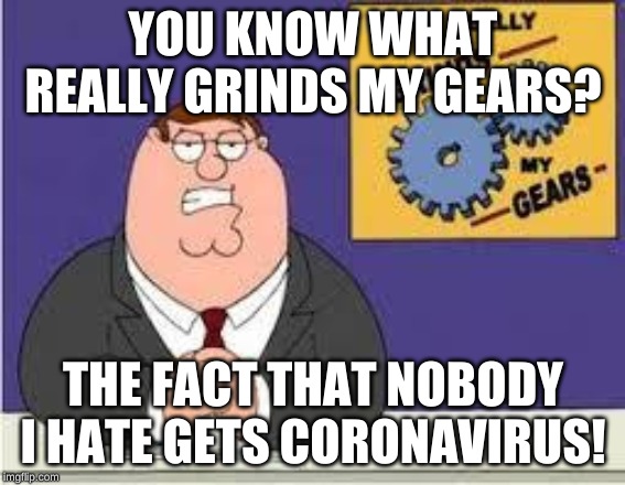 You know what really grinds my gears | YOU KNOW WHAT REALLY GRINDS MY GEARS? THE FACT THAT NOBODY I HATE GETS CORONAVIRUS! | image tagged in you know what really grinds my gears | made w/ Imgflip meme maker