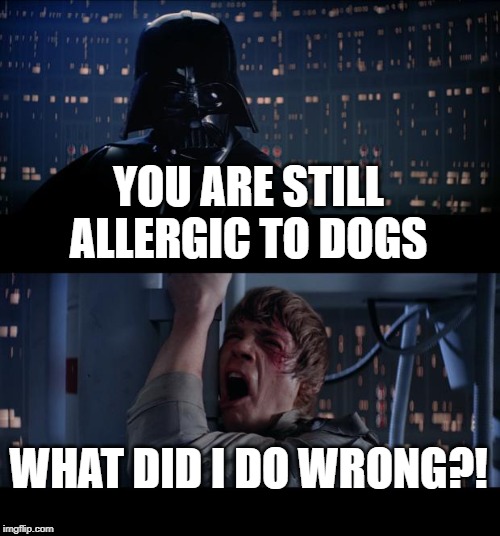 Star Wars No | YOU ARE STILL ALLERGIC TO DOGS; WHAT DID I DO WRONG?! | image tagged in memes,star wars no | made w/ Imgflip meme maker