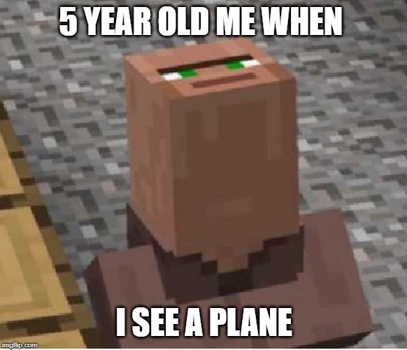 Minecraft Villager Looking Up | 5 YEAR OLD ME WHEN; I SEE A PLANE | image tagged in minecraft villager looking up | made w/ Imgflip meme maker