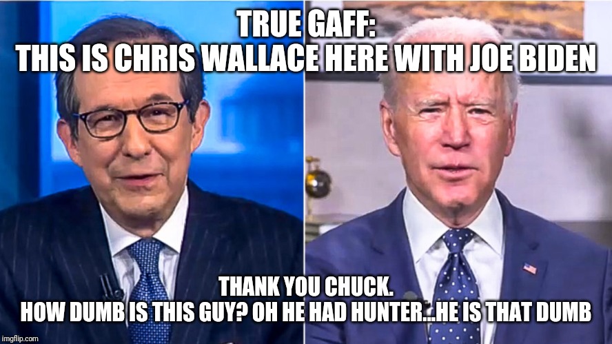He REALLY is both old and dumb and the best the dems have to offer | TRUE GAFF:
THIS IS CHRIS WALLACE HERE WITH JOE BIDEN; THANK YOU CHUCK.
HOW DUMB IS THIS GUY? OH HE HAD HUNTER...HE IS THAT DUMB | image tagged in joe biden,moron,special kind of stupid,maga,president trump,democrats | made w/ Imgflip meme maker