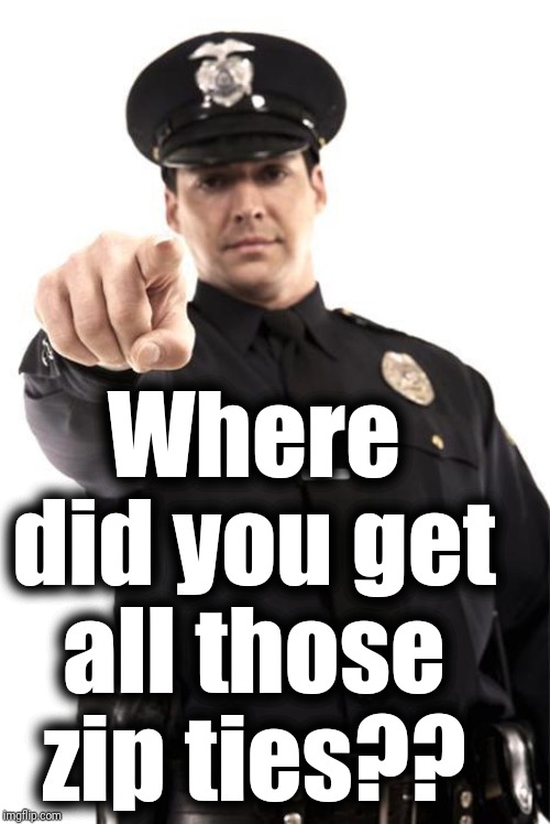 Police | Where did you get all those zip ties?? | image tagged in police | made w/ Imgflip meme maker