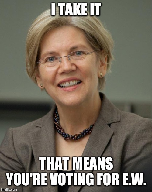 Elizabeth Warren | I TAKE IT THAT MEANS YOU'RE VOTING FOR E.W. | image tagged in elizabeth warren | made w/ Imgflip meme maker