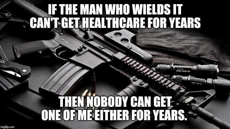 ar15 | IF THE MAN WHO WIELDS IT CAN'T GET HEALTHCARE FOR YEARS THEN NOBODY CAN GET ONE OF ME EITHER FOR YEARS. | image tagged in ar15 | made w/ Imgflip meme maker