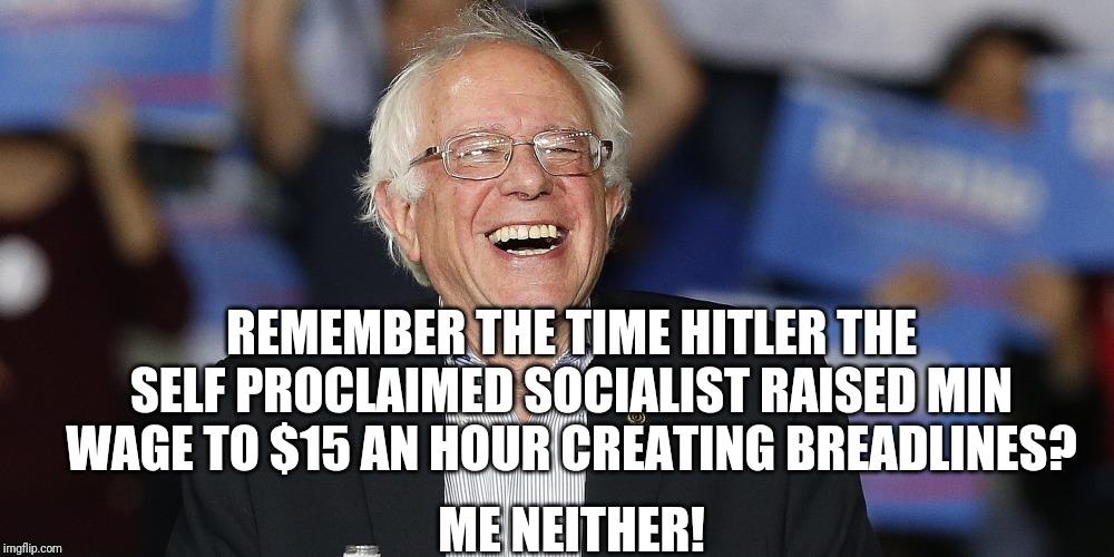 Bernie smiles | REMEMBER THE TIME HITLER THE SELF PROCLAIMED SOCIALIST RAISED MIN WAGE TO $15 AN HOUR CREATING BREADLINES? ME NEITHER! | image tagged in bernie smiles | made w/ Imgflip meme maker