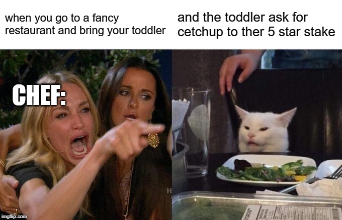 Woman Yelling At Cat Meme | when you go to a fancy restaurant and bring your toddler; and the toddler ask for cetchup to ther 5 star stake; CHEF: | image tagged in memes,woman yelling at cat | made w/ Imgflip meme maker