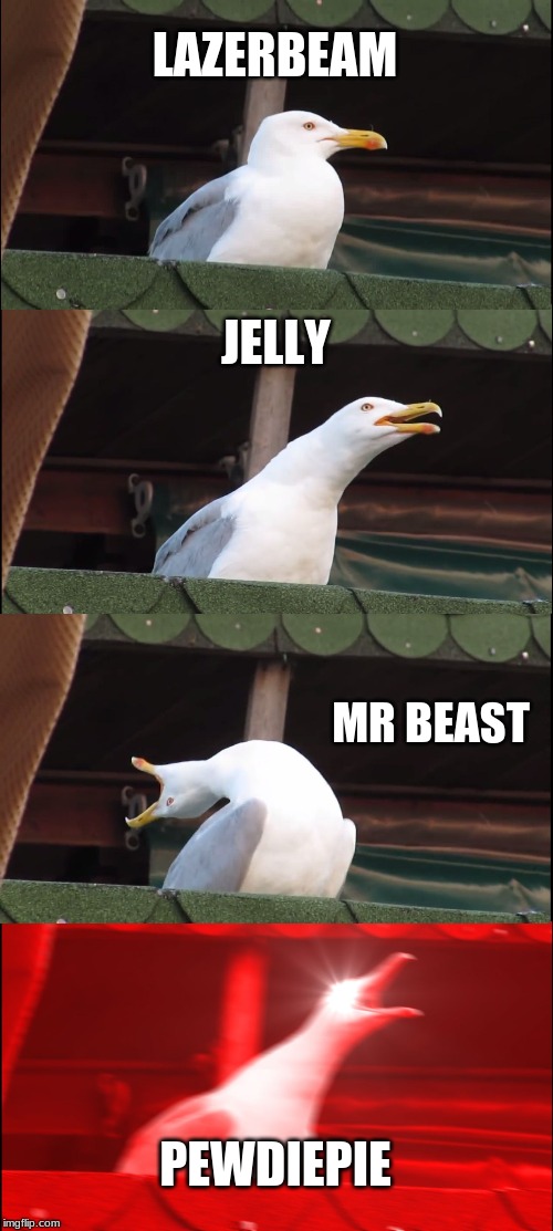 Inhaling Seagull Meme | LAZERBEAM; JELLY; MR BEAST; PEWDIEPIE | image tagged in memes,inhaling seagull | made w/ Imgflip meme maker