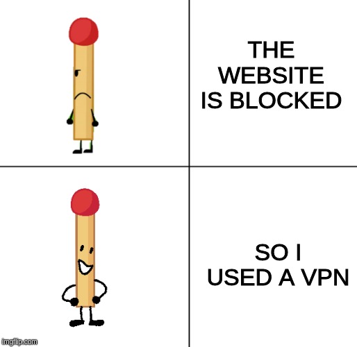 true story | THE WEBSITE IS BLOCKED; SO I USED A VPN | image tagged in match approves | made w/ Imgflip meme maker